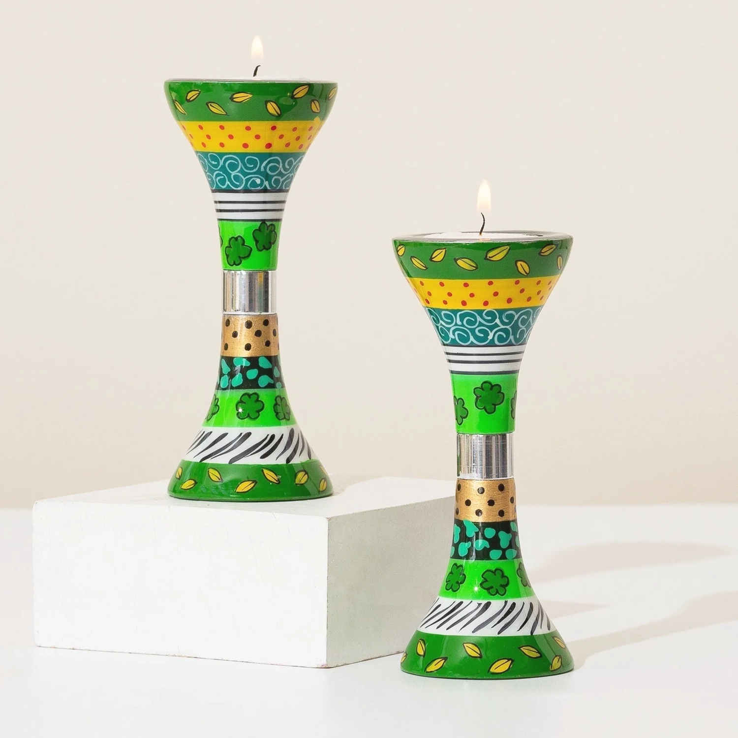 Candle Holders - Pair of Green Hand Painted Candlesticks for Shabbat - Image 2
