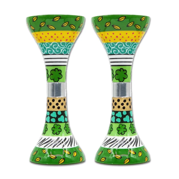 Candle Holders - Pair of Green Hand Painted Candlesticks  for Shabbat