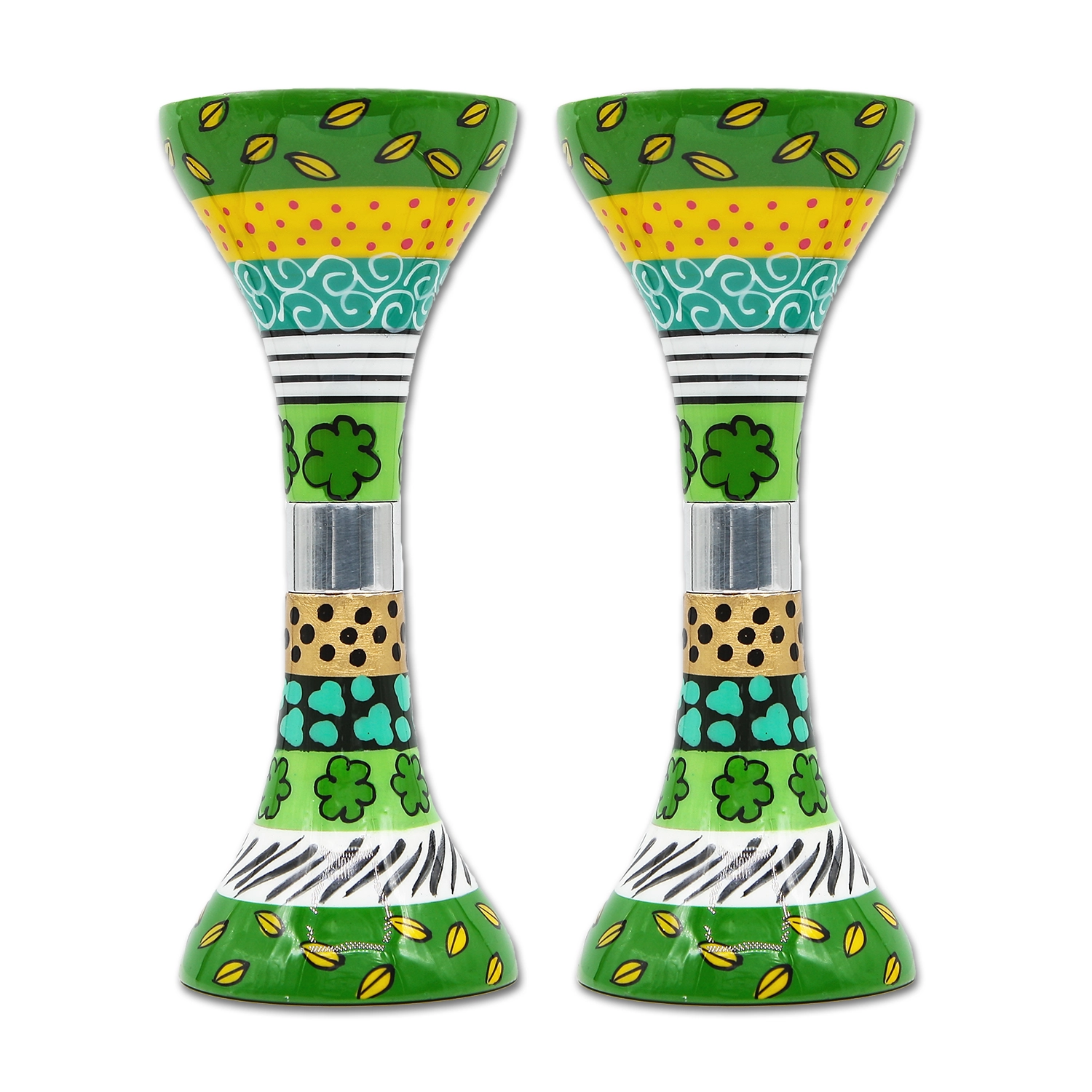 Candle Holders - Pair of Green Hand Painted Candlesticks for Shabbat